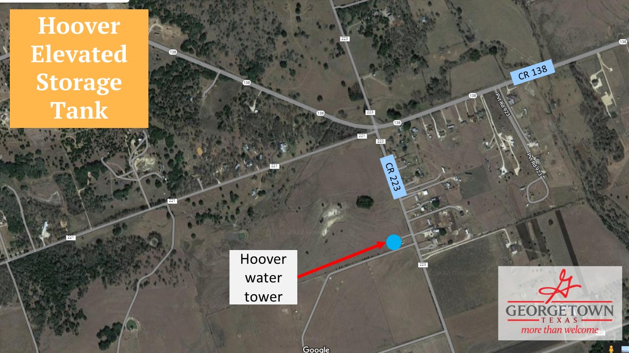 Map showing the location of the Hoover water tower on County Road 223 west of Florence. 