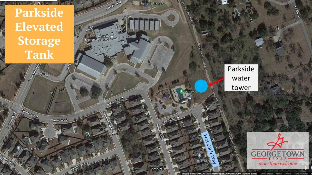 Mapa que muestra la ubicación del tanque de almacenamiento elevado de Parkside en Fort Cobb Way en el vecindario de Parkside en Mayfield Ranch.
